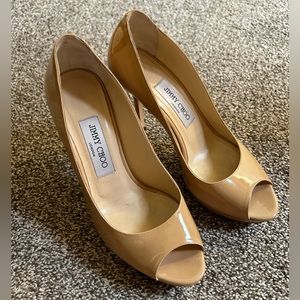 Jimmy Choo Luna Peep Toe Nude Pumps